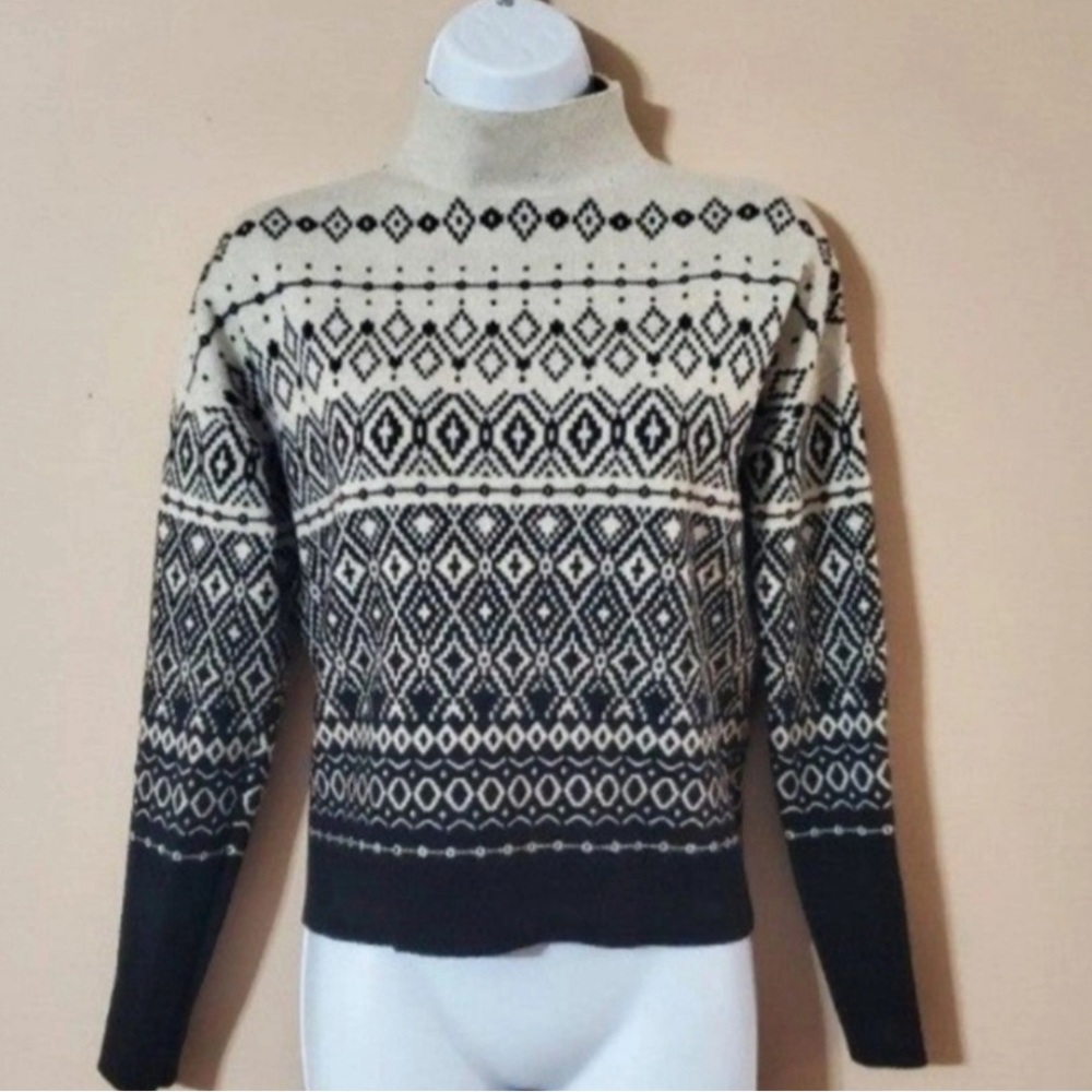 Joie Mock Neck Fair Isle Grey & Black Cropped Pullover Sweater sz Medium